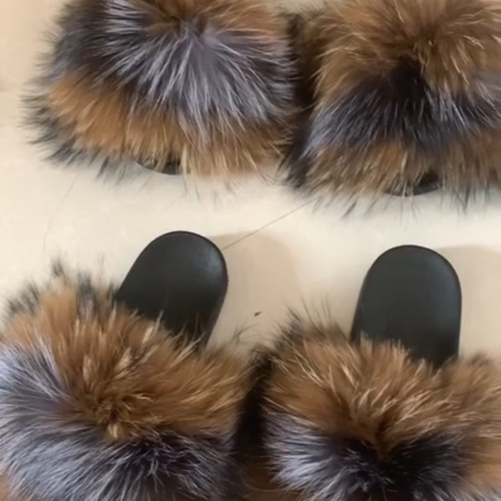 Faux Fur Slippers with Black Sole